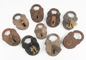 151 · Nine assorted antique padlocks (one with key), mixed age and condition, ​​​​​​​the largest 10cm high.