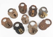 Nine assorted antique padlocks (one with key), mixed age and condition, ​​​​​​​the largest 10cm high.