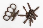 Rare set of Warder's alarm system keys, together with an antique knuckle duster,
