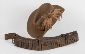 LIGHT HORSE slouch hat with emu feather plume, together with a leather bandolier bullet belt, (2 items)