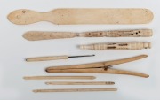 TASMANIAN EXHIBITION 1891-1892 whalebone Stanhope, antique whalebone page turner, glove stretcher, letter opener and crochet hooks, 19th/20th century, (8 items), ​​​​​​​the largest 23cm long.