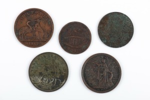 Five antique shop tokens from Van Diemen's Land, Tasmania and Victoria