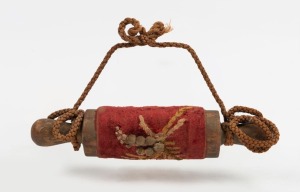 An antique Australian wattle stumpwork&nbsp;decorated rolling pin, 19th century, ​​​​​​​23cm wide.