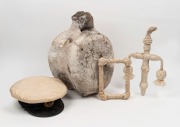 Captain's cap, sailor's rope work folk art (2), and a whale's vertebrae seat, (4 items), the vertebrae 26cm high, 40cm wide.