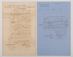 July 1842&nbsp;writ of execution used to enforce a debt in the Supreme Court at Melbourne in the District of Port Phillip - Turnbull & Co. v Abraham Abrahams; signed by Deputy Sheriff Samuel Raymond; also, a September 1857 Victorian Supreme Court writ demandin