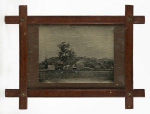 "MOUNT LEURA, CAMPERDOWN" black and white albumen print of the iconic crater mountain on the edge of the township of Camperdown in the Western Districts of Victoria. housed in a period oak frame with handwritten caption on the mount "Presented by A.S. REI