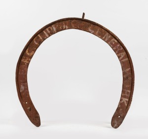 "N.C. CLIPPING GENERAL WORKS" novelty oversized horseshoe shop sign, 19th century, 54 x 53cm overall.