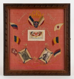 WW1 period embroidered silk souvenir of Egypt with photo portraits from a soldier to his mother for Christmas. Housed in a period oak frame, ​​​​​​​57 x 53cm overall.