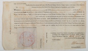 135 · ISABELLA SHORT RECEIVES A PARDON: Isabella Short, was one of 184 female convicts transported on the Gilbert Henderson, which arrived at Van Diemen's Land on 24th April, 1840. She had received a sentence of 10 years transportation. This is the original vellum document, signed by the Lieutenant-Governor, Sir William Thomas Denison, granting Short a conditional pardon (in January 1849) providing that she "not return to or be found within the United Kingdom..." during the remaining period of her ori