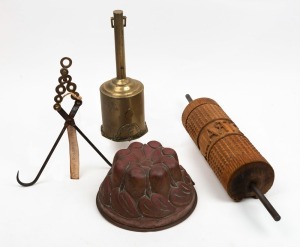 Antique "AUSTRALIA" butter imprint roller, together with a LINWOOD clockwork meat roasting bottle jack, antique game meat hook, and an antique copper jelly mould, 19th/20th century, (4 items), the roller 54cm wide.