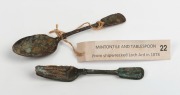 Sterling silver tablespoon and two forks with attached label purporting to be from the Loch Ard, circa 1878, the spoon 21cm long