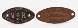 NEWPORT WORKSHOPS (Melbourne) 1905 Victorian Railways manufacturer's plate; together with "SUNSHINE H. V. MCKAY MASSEY HARRIS" manufacturer's plate, 19th/20th century, (2 items), 11cm AND 12.5cm wide