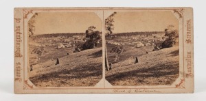 A stereoview card&nbsp;from the "Jones's Photographs of Australian Sceneries" Series, 1862, endorsed "View of Gisborne" in manuscript at lower right with two albumen paper prints affixed to the card, which is numbered "No.35" verso. ​​​​​​​One other example of