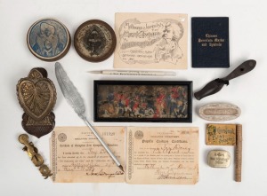 ASSORTED ANTIQUE & VINTAGE ADVERTISING WARE: Including pens, Imperial soap, document clip, flickbook, circular playing cards, stevengraph of The Death of Nelson, pocketbook, etc. Of note a glass advertising stylus of "James Strong Bros. Boot Manufacturer'