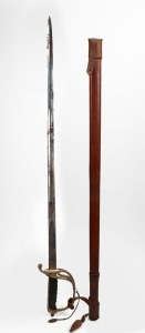 W. H. MANIFOLD 2nd Lieu., WWI period officer's sword in brown leather scabbard, blade engraved with ownership details, with additional ownership tag attached, 103cm long