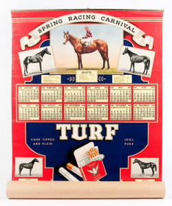 HORSE RACING COLLECTABLES: Jockeys silks (2); 1938 'Turf' Calendar showing Heroic & others; 1939 'Capstan' Calendar showing Melbourne Cup; 1940 'Turf' calendar showing Rivette; VRC badges (6) for 1939-40, 1953-54, 1957-58, 1958-59, 1959-60 & 1962-63. Fair