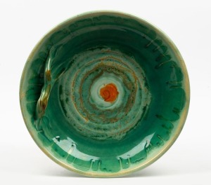 REMUED green glazed pottery bowl with branch handle, incised "Remued, 91-LH", 27cm diameter
