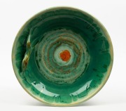 REMUED green glazed pottery bowl with branch handle, incised "Remued, 91-LH", 27cm diameter