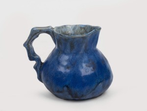 JOLLIFF blue glazed pottery jug, incised "Jolliff, hand built, 1959", 10cm high