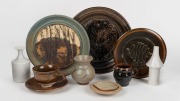 STUDIO POTTERY: Assortment of plates, vases, jug and tea ware, potters include, Les Blakeborough, Bernard Leach and Harry Davis, (8 items) the largest 27.5cm diameter