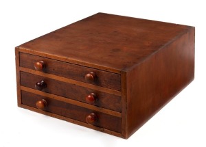 A three drawer Australian cedar and kauri pine paper filing cabinet, 19th century, 19cm high, 36cm wide, 45cm deep