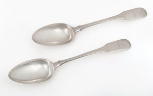 14 · RICHARD LAMB rare pair of Colonial Australian silver fiddle pattern tablespoons with engraved crest (possibly SAMUEL CLAYTON the engraver and silversmith), Sydney origin, circa 1840, stamped "R.L." crowned leopard, over stamped "G", lion passant, date letter "L", and monarch's head, note one with additional "R.S." stamp, 22cm long, 114 grams total.