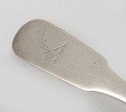 RICHARD LAMB rare pair of Colonial Australian silver fiddle pattern tablespoons with engraved crest (possibly SAMUEL CLAYTON the engraver and silversmith), Sydney origin, circa 1840, stamped "R.L." crowned leopard, over stamped "G", lion passant, date let - 2