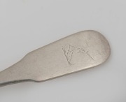 RICHARD LAMB rare pair of Colonial Australian silver fiddle pattern tablespoons with engraved crest (possibly SAMUEL CLAYTON the engraver and silversmith), Sydney origin, circa 1840, stamped "R.L." crowned leopard, over stamped "G", lion passant, date let - 3