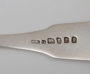 RICHARD LAMB rare pair of Colonial Australian silver fiddle pattern tablespoons with engraved crest (possibly SAMUEL CLAYTON the engraver and silversmith), Sydney origin, circa 1840, stamped "R.L." crowned leopard, over stamped "G", lion passant, date let - 4
