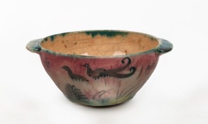 328 · NEIL DOUGLAS and ARTHUR MERRIC BOYD two handled pottery bowl, hand-painted with lyre birds in landscape, incised "A. M. B.", 6cm high, 14.5cm wide