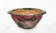 NEIL DOUGLAS and ARTHUR MERRIC BOYD two handled pottery bowl, hand-painted with lyre birds in landscape, incised "A. M. B.", 6cm high, 14.5cm wide