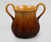 JOHN CAMPBELL brown and yellow glazed two handle pottery mantle vase with banded decoration, incised "John Campbell, Tasmania", 27cm high, 32cm wide