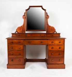 An antique Australian cedar twin pedestal base dressing table with scroll-carved brackets,&nbsp;19th century, 156cm high, 138cm wide, 49cm deep