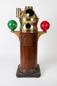 THE KELVITE STANDARD COMPASS: Antique ships binnacle on cylindrical oak stand with rope twist moulded base, cast iron anti-magnetic ball fittings to the side and with fitted brass maker's plate "Lord Kelvin's Patent Dry Compass, Made in England", (lacking gimbal mounts), 19th century and later, 141cm high, 87cm wide, 53cm deep