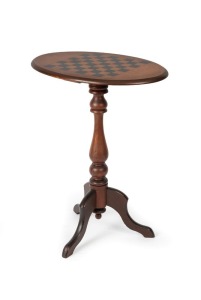 An antique Australian cedar and kauri pine oval top occasional table with chess board stencil, turned cedar pedestal base on three cabriole scroll legs, 19th century, ​​​​​​​71cm high, 55cm wide, 39cm deep