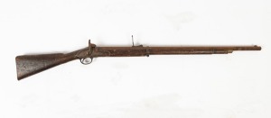 An antique muzzle load percussion cap rifle, barn find relic condition, mid 19th century, 124cm long