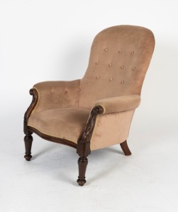 An antique Australian scroll and acanthus carved blackwood spoonback library chair with velvet button back upholstery, circa 1875, 71cm across the arms