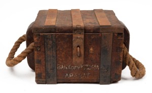 BANK OF VICTORIA - ARARAT antique Australian cedar strong box with iron strapping and rope handles, 19th century, ​​​​​​​22cm high, 40cm wide, 26cm deep