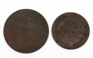 Two antique Australian shop tokens: I.) JOSEPH'S NEW TOWN TOLL GATE VAN DIEMEN'S LAND, 1855, II.) T.W. THOMAS GROCERS, MELBOURNE, 1854,