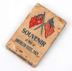 "SOUVENIR OF THE VISIT OF AMERICAN FLEET, 1925" seemeograph&nbsp;by Hand Cinema Co. Antique flipbook with Charlie Chaplin scene. Rear cover loose with staining and silverfish damage. Rare. 8cm high