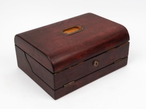 Antique writing box with assorted contents including Mauchline Ware, Echuca Agricultural Show membership badges, various medallions etc. Inspection will reward.