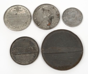 INTERNATIONAL EXHIBITIONS: Assorted white metal medallions plus a memorial medallion, (5 items), the largest 75mm