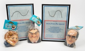 Three Masterpet "Ruff 'n' Tuff" squeaky toys in the form of Pauline Hanson, John Howard and Kim Beazley; together with two framed "Wire From The Squire" displays from Malcolm Fraser's Nareen property (Western Districts, Victoria), (5 items), the frames 31