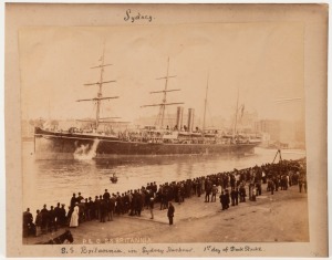 P. & O. S.S. BRITANNIA: circa 1890 albumen print laid down on card with notation in the lower margin "S.S. Britannia in Sydney Harbour. 1st Day of Dock Strike", sheet size 15.5 x 21cm, 18.5 x 23.5cm overall