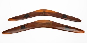 ALBERT NAMATJIRA&nbsp;(1902-1959), pair of hand-painted mulga wood boomerangs, one signed lower right "Albert", both stamped on reverse "Hermannsburg, Central Australia", 52cm and 54cm long