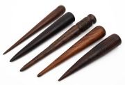 Five antique turned wooden sailor's fids, 18th and 19th century, including Tasmanian blackwood example,&nbsp; the largest 35cm long