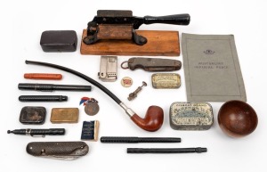 Tobacco cutter, pocketknives, pipe, lighter, pens, photograph, medal, badge, tins and war grave photograph, (qty).