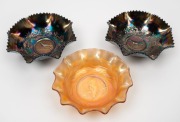 CROWN CRYSTAL group of three carnival glass master bowls, comprising of a marigold kingfisher and a pair of cobalt flannel flower and bird examples, (3 items), the kingfisher&nbsp;example 24cm wide