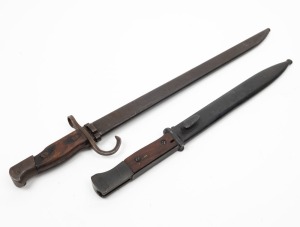 Two WW2 period bayonets, German K98, and Japanese Type 30, both in original metal scabbards, 38.5cm and 50.5cm long