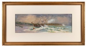 M. CLARKE, The Wreck of "The Hereward", Maroubra Bay, watercolour, circa 1898, signed "M. CLARKE" lower left, 19 x 55cm; framed 42 x 79cm overall. With original manuscript label preserved verso.